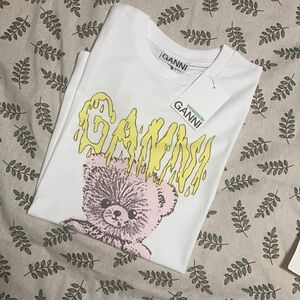 Ganni Drippy Yellow Logo Pink Teddy Bear white T-Shirt size Medium